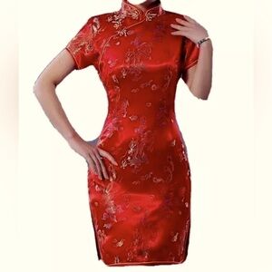 Oriental Silk and Satin Dress Brocade Embroidered Shapley Fit, NWOT, S